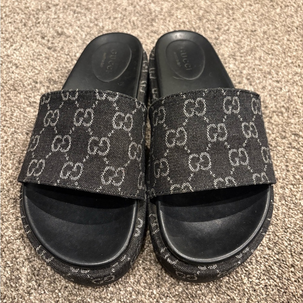 Gucci Monogram Platform Denim Black Slides
